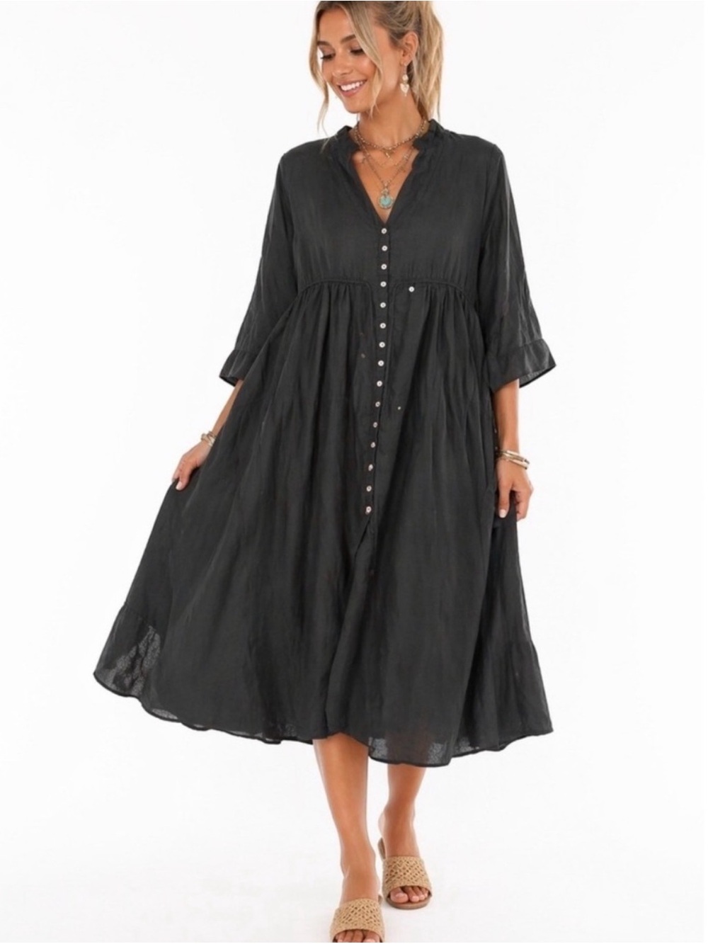 NWT Natural Life Chloe Woven Midi Dress Black XL Boho Crinkle Lagenlook summer